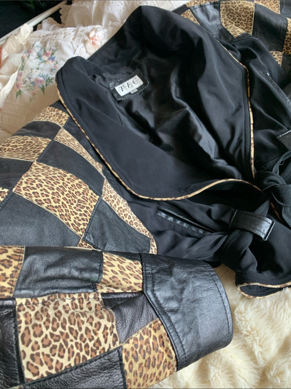 Unique Vintage 80s leopard animal print genuine suede leather wrap jacket L - Picture 3 of 16
